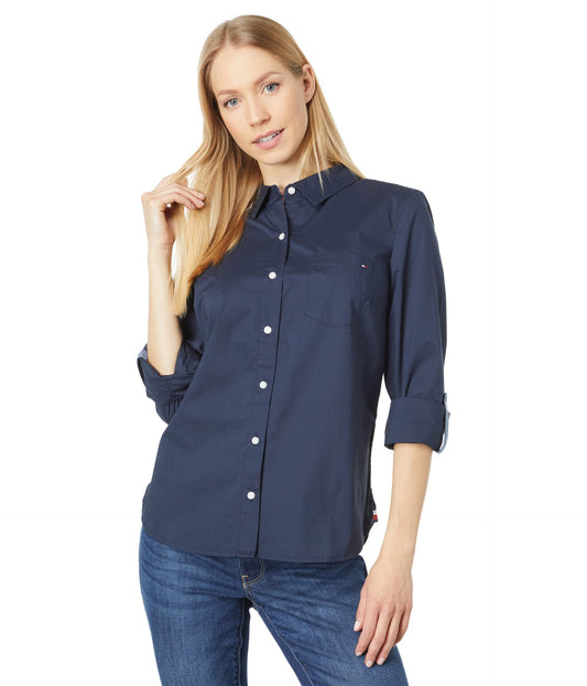 Tommy Hilfiger Women's Plaid Roll Tab Top Button Down Shirt