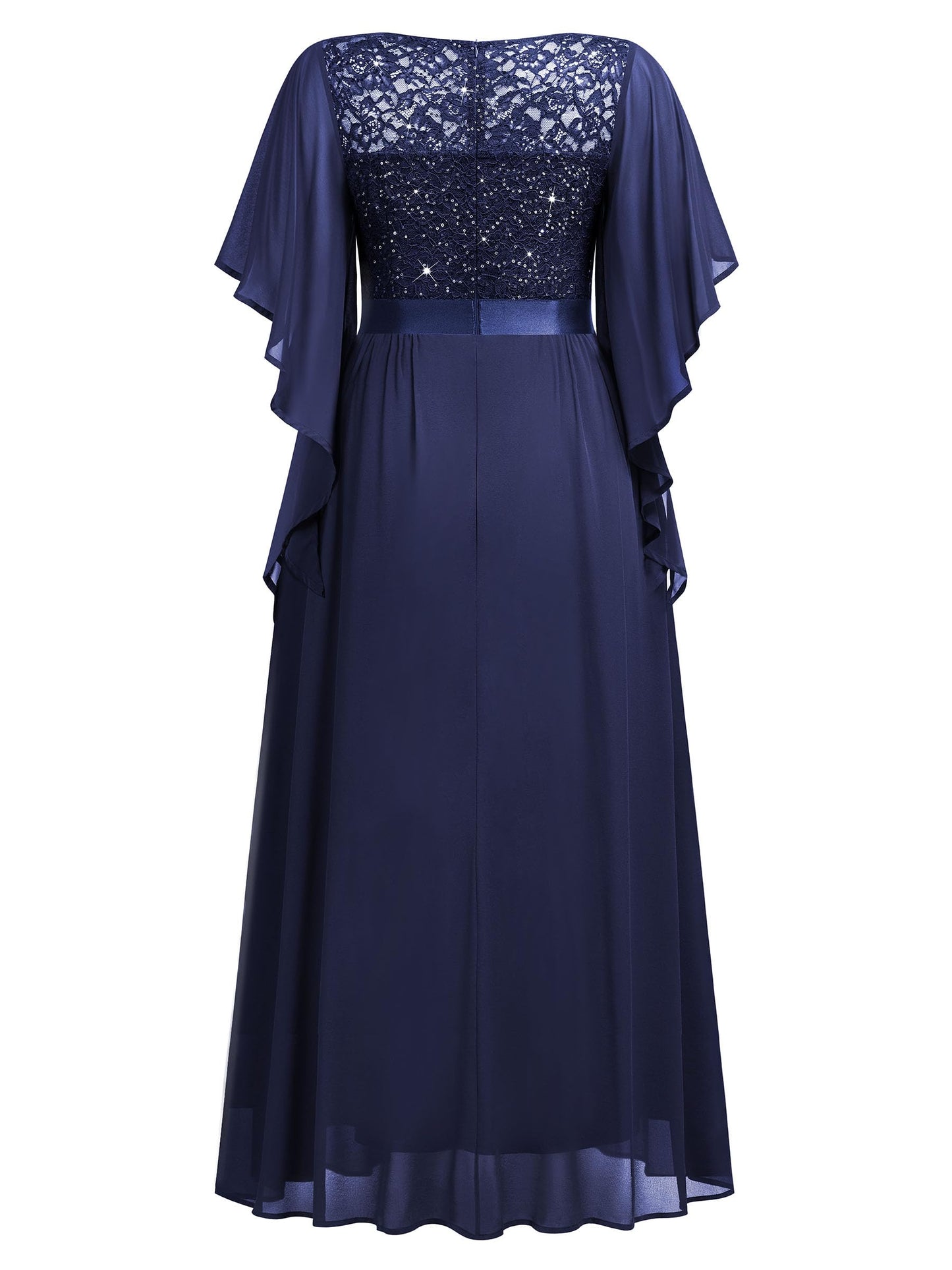 MISSMAY Women's Plus Size Elegant Butterfly Sleeve Chiffon Sequin Lace Bodice Evening Party Long Dress