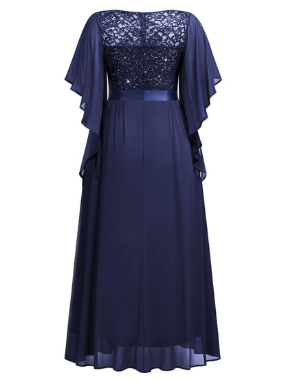 MISSMAY Women's Plus Size Elegant Butterfly Sleeve Chiffon Sequin Lace Bodice Evening Party Long Dress