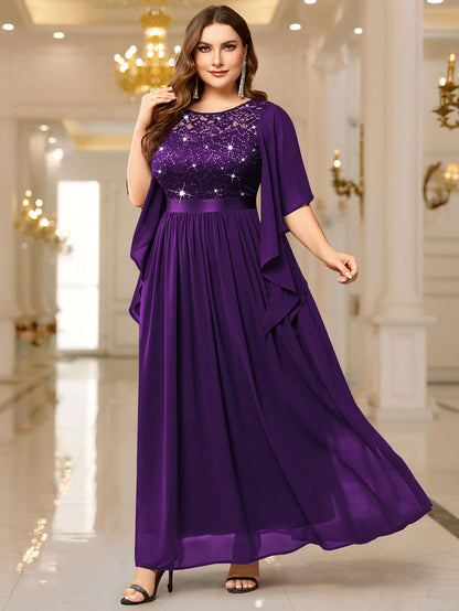 MISSMAY Women's Plus Size Elegant Butterfly Sleeve Chiffon Sequin Lace Bodice Evening Party Long Dress