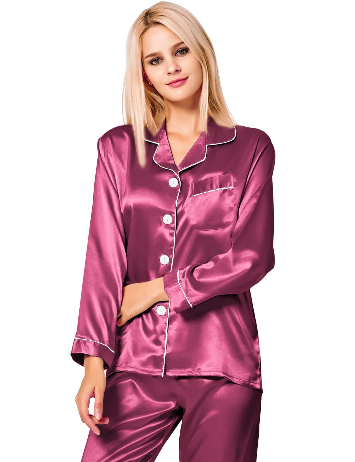 SWOMOG Women's Pyjama Set Silk Satin Long Sleeve Button Down Pyjamas Two Piece Comfy Sleepwear and Loungewear Set