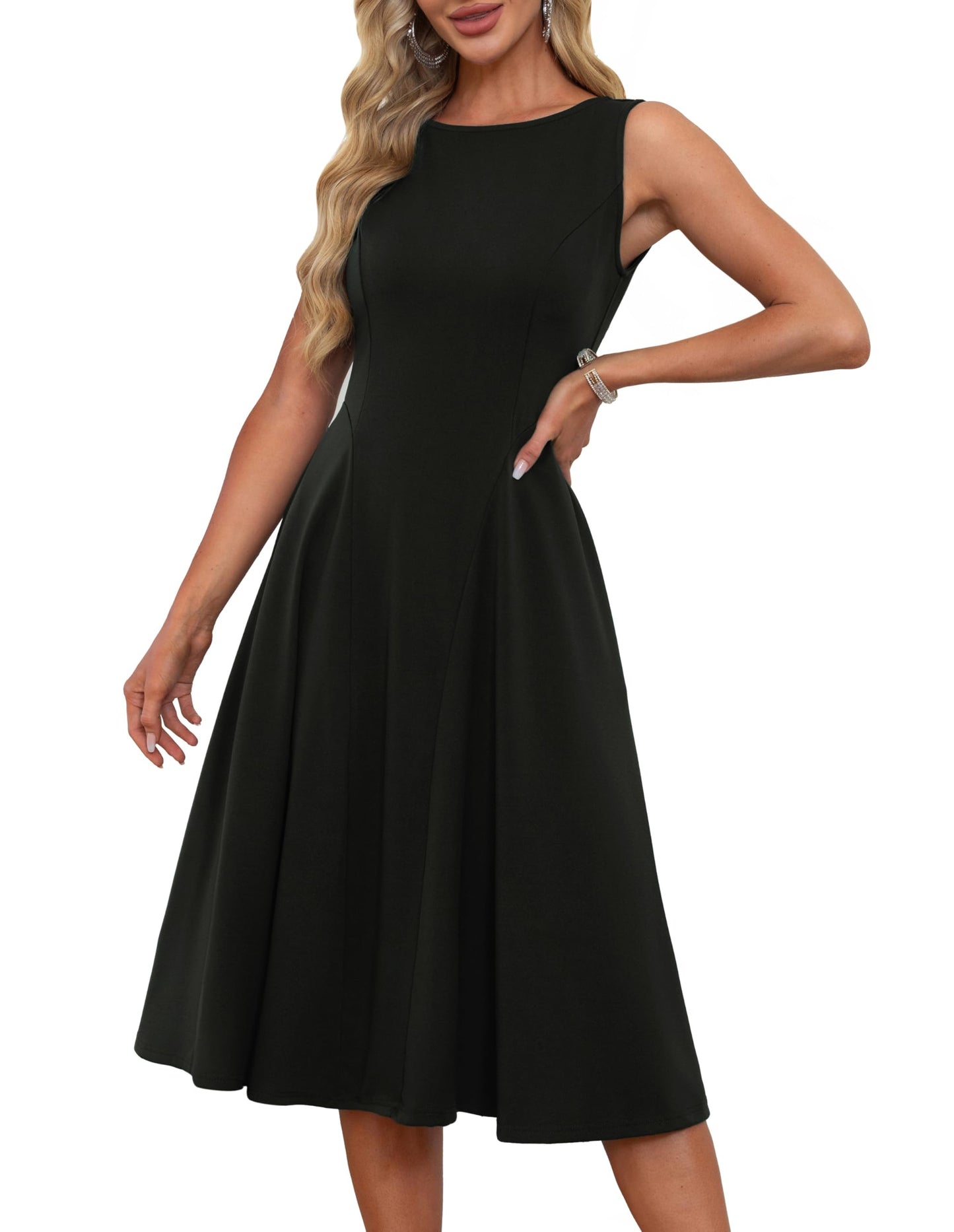 GRACE KARIN Women Vintage Cocktail Dress Swing A-Linie Solid Midi Waist Dress