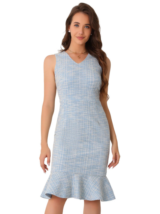 Allegra K Tweed Dress for Women's Sleeveless V Neck Ruffles Bodycon Plaid Dresses