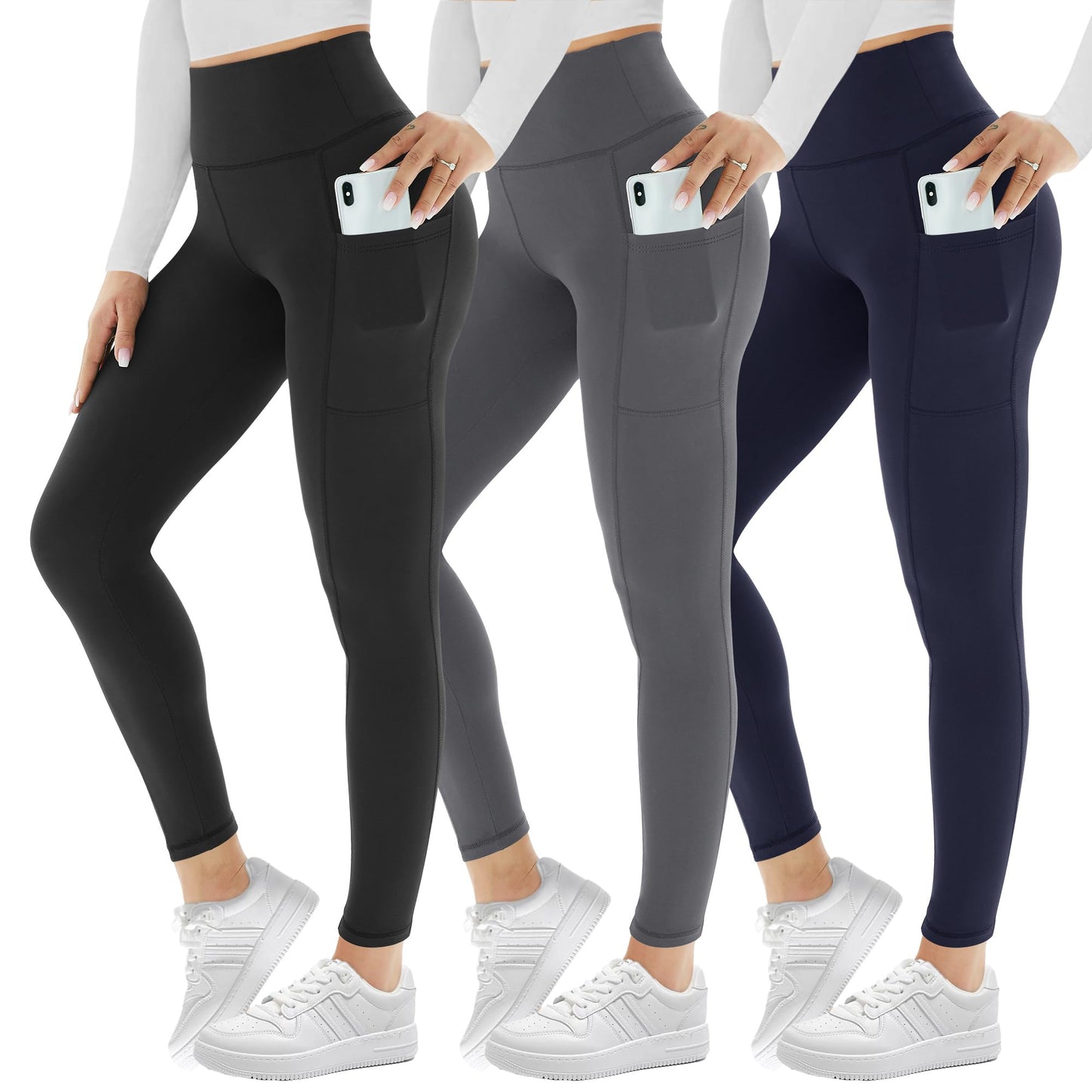 3 Pack Leggings for Women with Pockets High Waist Gym Leggings