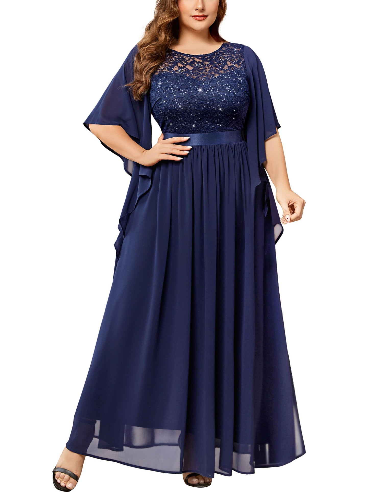 MISSMAY Women's Plus Size Elegant Butterfly Sleeve Chiffon Sequin Lace Bodice Evening Party Long Dress