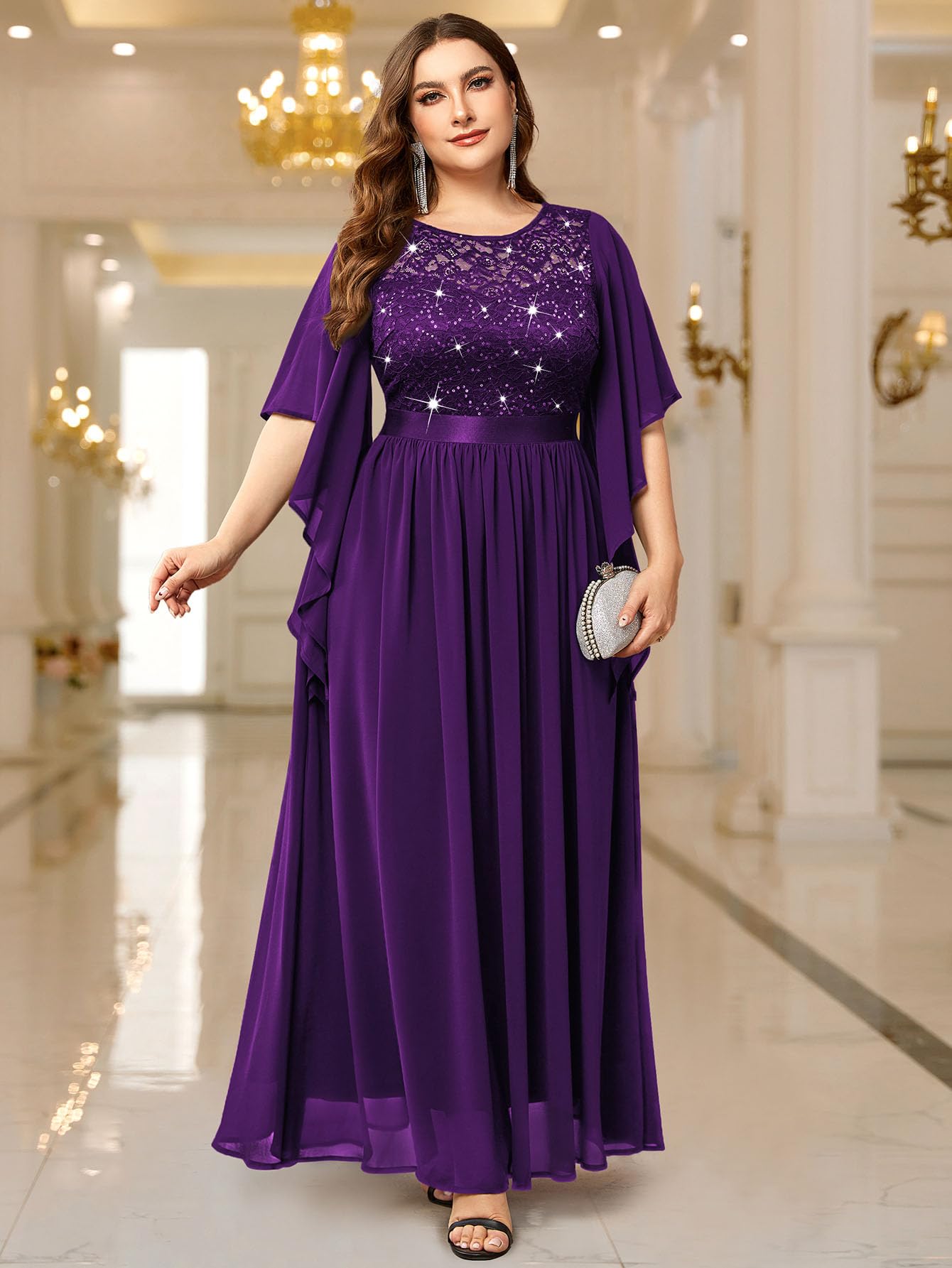 MISSMAY Women's Plus Size Elegant Butterfly Sleeve Chiffon Sequin Lace Bodice Evening Party Long Dress