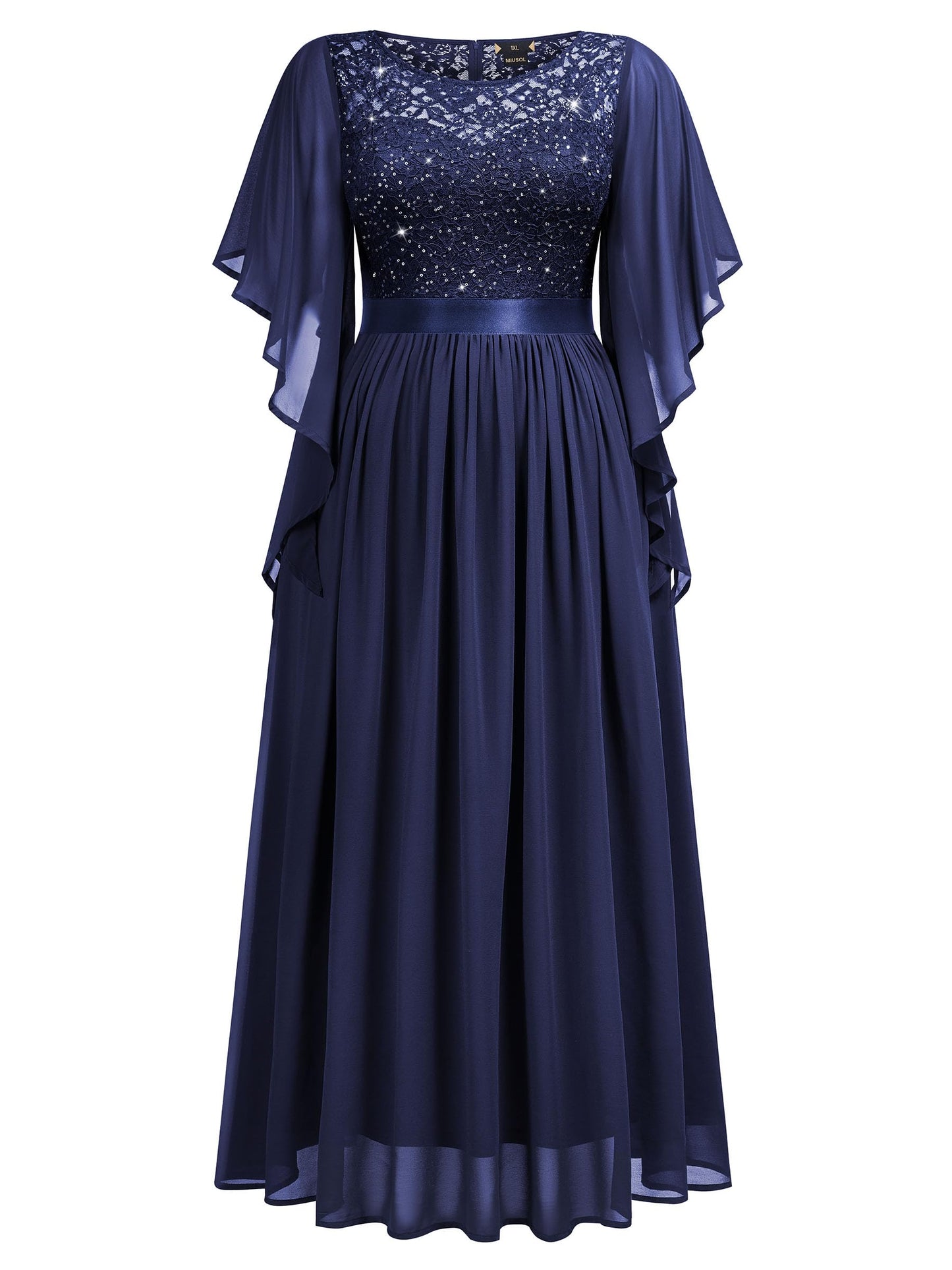 MISSMAY Women's Plus Size Elegant Butterfly Sleeve Chiffon Sequin Lace Bodice Evening Party Long Dress