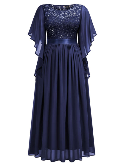 MISSMAY Women's Plus Size Elegant Butterfly Sleeve Chiffon Sequin Lace Bodice Evening Party Long Dress