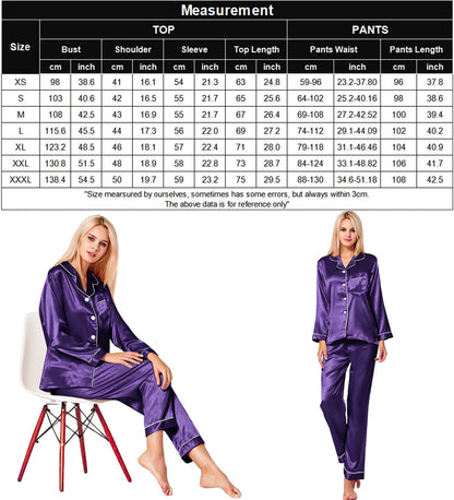 SWOMOG Women's Pyjama Set Silk Satin Long Sleeve Button Down Pyjamas Two Piece Comfy Sleepwear and Loungewear Set