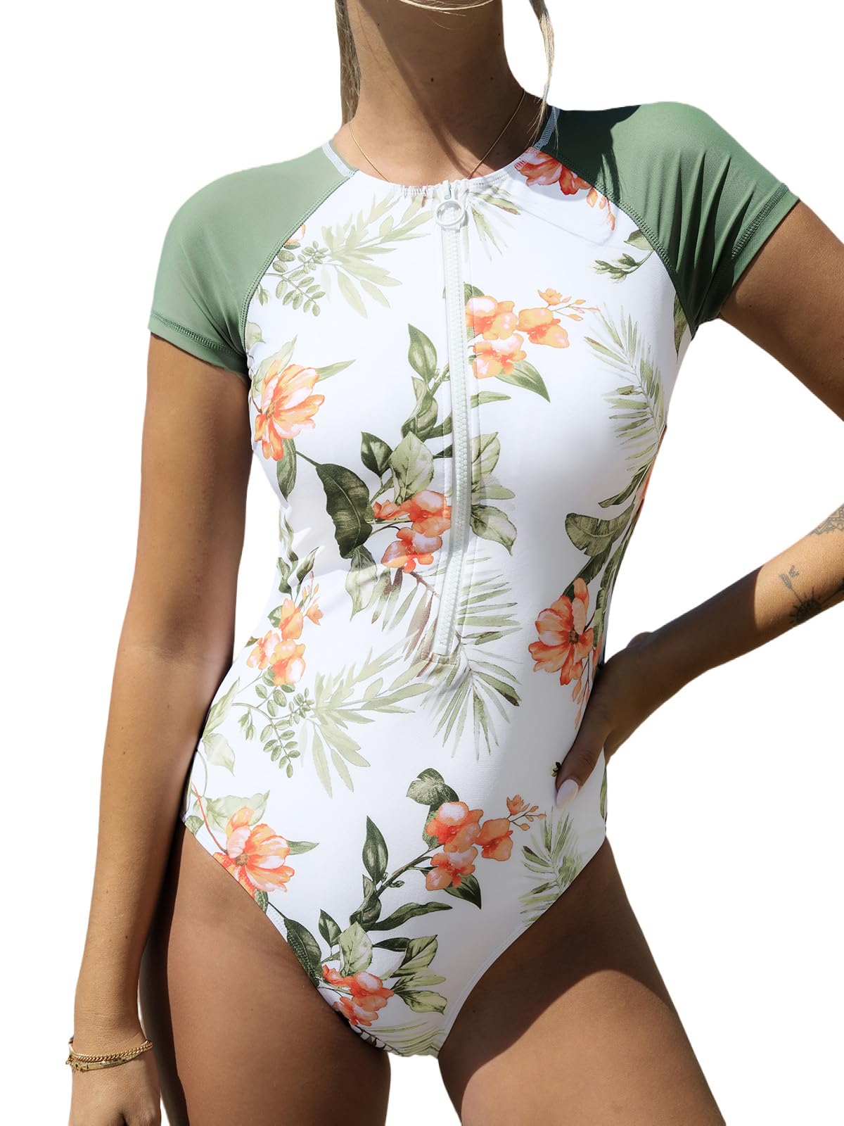 CUPSHE One Piece Swimsuit for Women High Neck Zipper Short Sleeve Bathing Suit