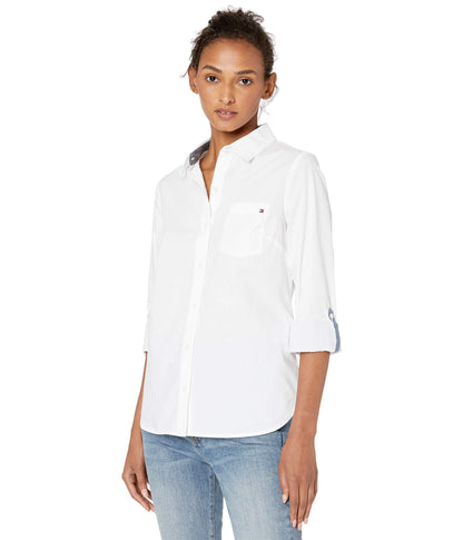 Tommy Hilfiger Women's Plaid Roll Tab Top Button Down Shirt