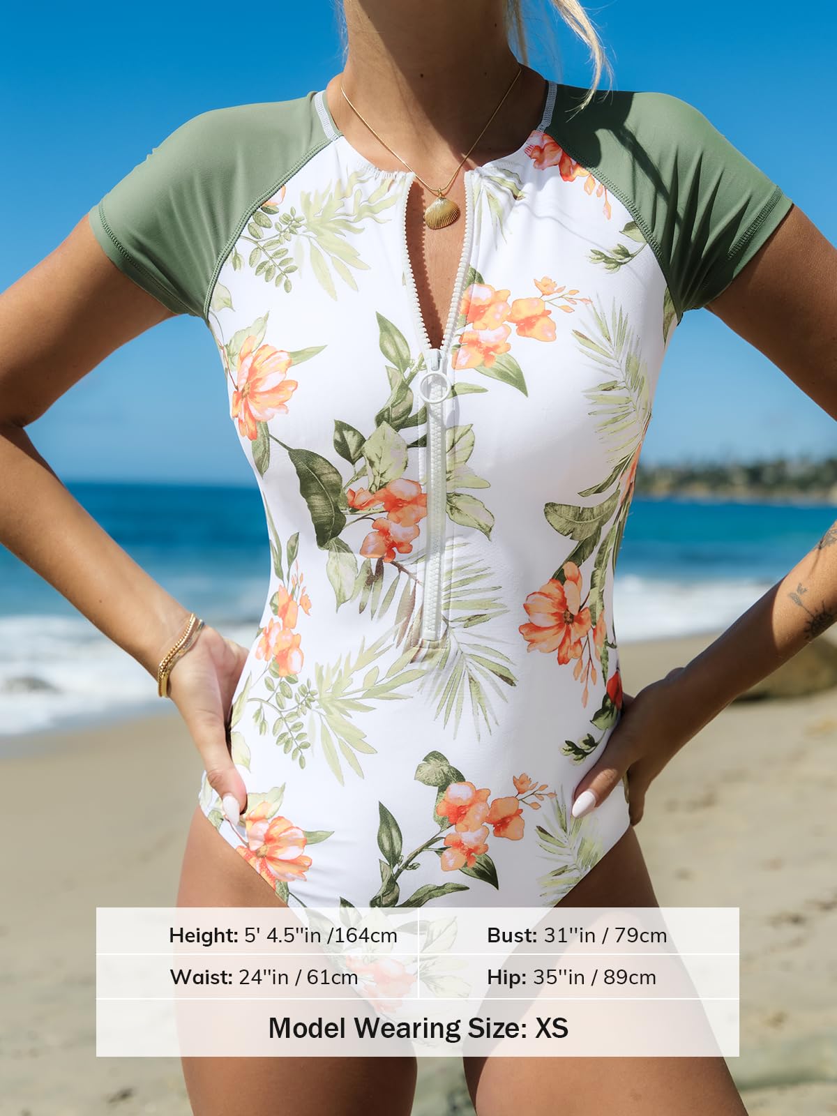 CUPSHE One Piece Swimsuit for Women High Neck Zipper Short Sleeve Bathing Suit