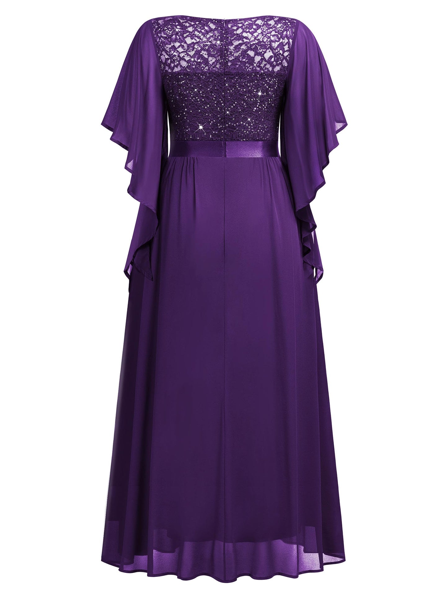 MISSMAY Women's Plus Size Elegant Butterfly Sleeve Chiffon Sequin Lace Bodice Evening Party Long Dress