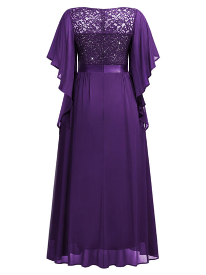 MISSMAY Women's Plus Size Elegant Butterfly Sleeve Chiffon Sequin Lace Bodice Evening Party Long Dress