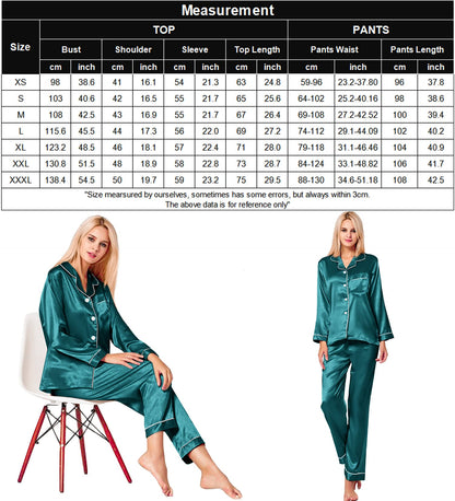 SWOMOG Women's Pyjama Set Silk Satin Long Sleeve Button Down Pyjamas Two Piece Comfy Sleepwear and Loungewear Set