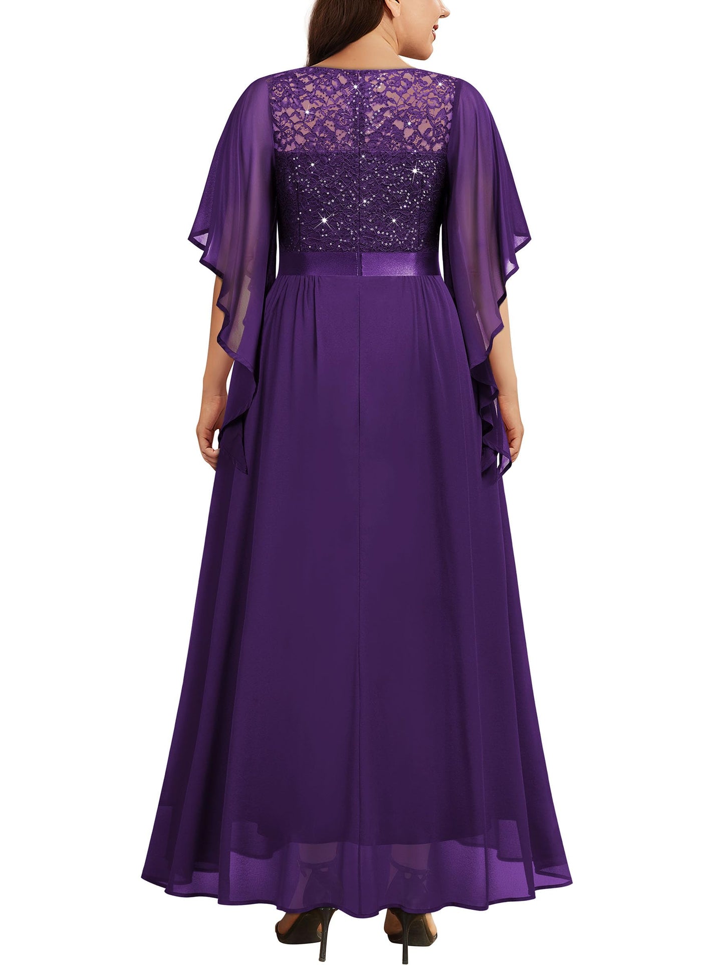 MISSMAY Women's Plus Size Elegant Butterfly Sleeve Chiffon Sequin Lace Bodice Evening Party Long Dress