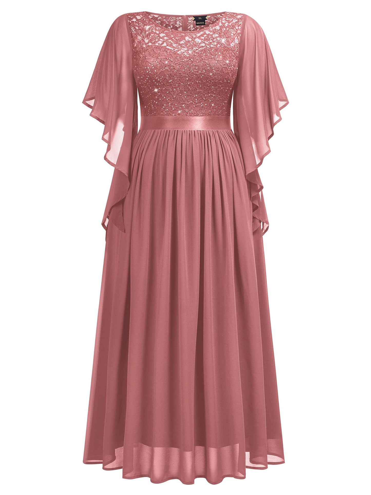 MISSMAY Women's Plus Size Elegant Butterfly Sleeve Chiffon Sequin Lace Bodice Evening Party Long Dress