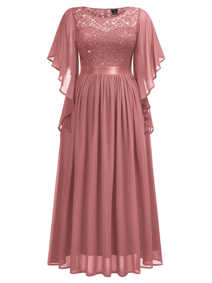 MISSMAY Women's Plus Size Elegant Butterfly Sleeve Chiffon Sequin Lace Bodice Evening Party Long Dress