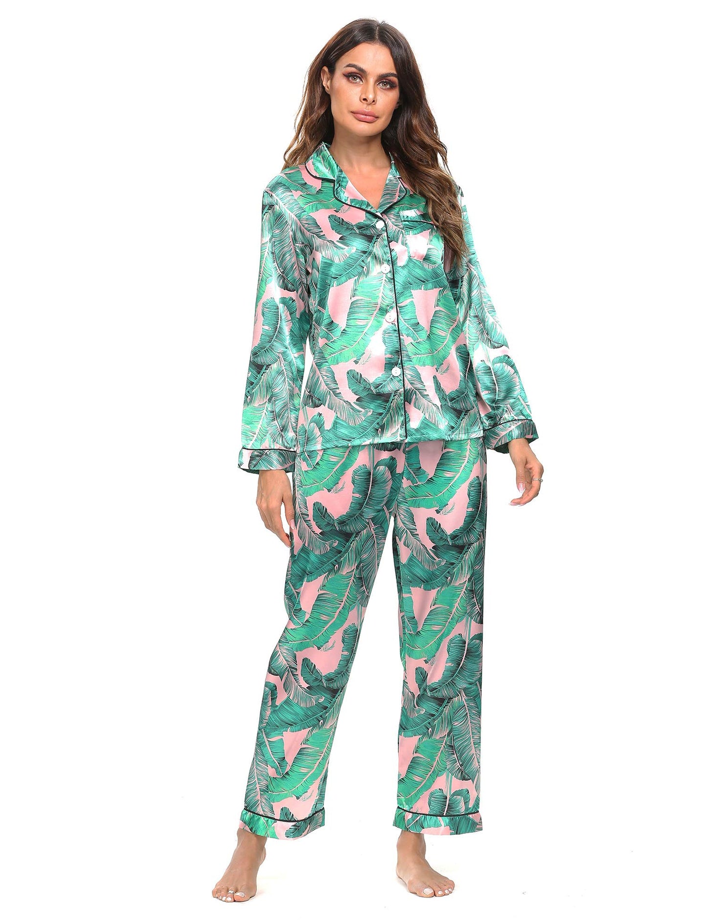 SWOMOG Women's Pyjama Set Silk Satin Long Sleeve Button Down Pyjamas Two Piece Comfy Sleepwear and Loungewear Set