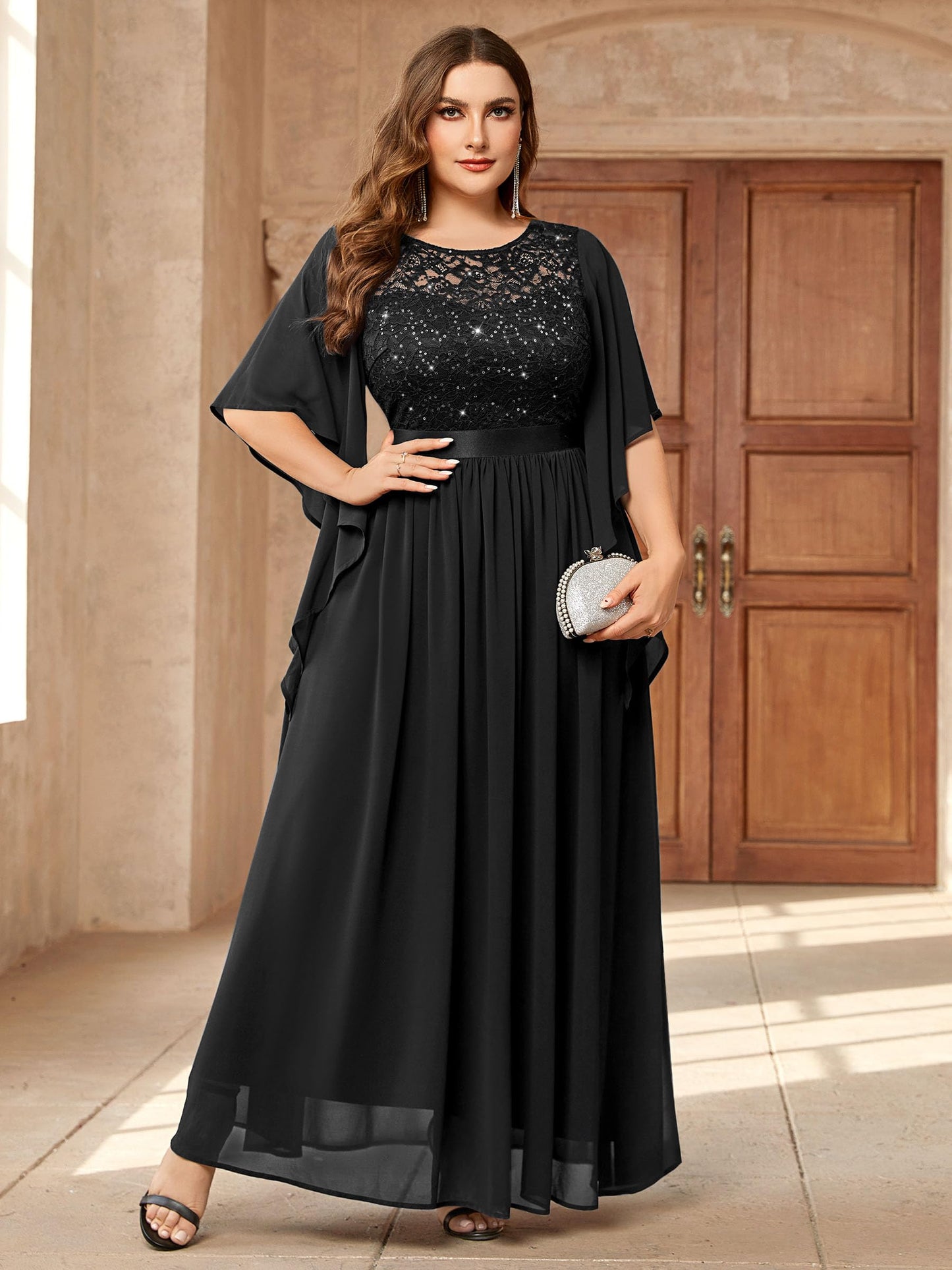 MISSMAY Women's Plus Size Elegant Butterfly Sleeve Chiffon Sequin Lace Bodice Evening Party Long Dress