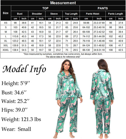 SWOMOG Women's Pyjama Set Silk Satin Long Sleeve Button Down Pyjamas Two Piece Comfy Sleepwear and Loungewear Set