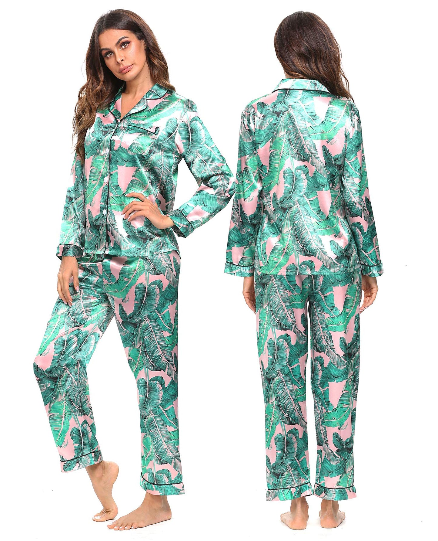 SWOMOG Women's Pyjama Set Silk Satin Long Sleeve Button Down Pyjamas Two Piece Comfy Sleepwear and Loungewear Set