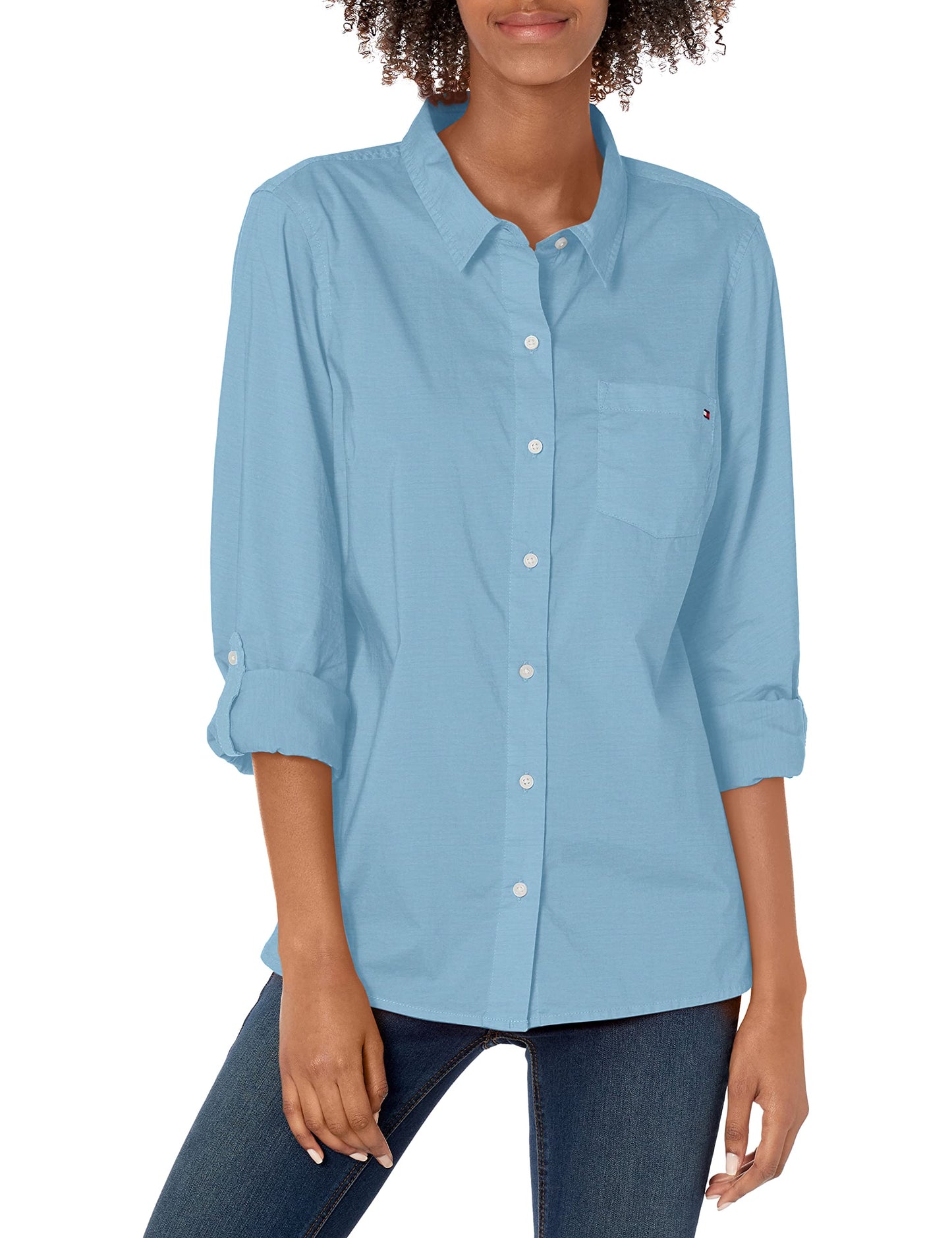 Tommy Hilfiger Women's Plaid Roll Tab Top Button Down Shirt