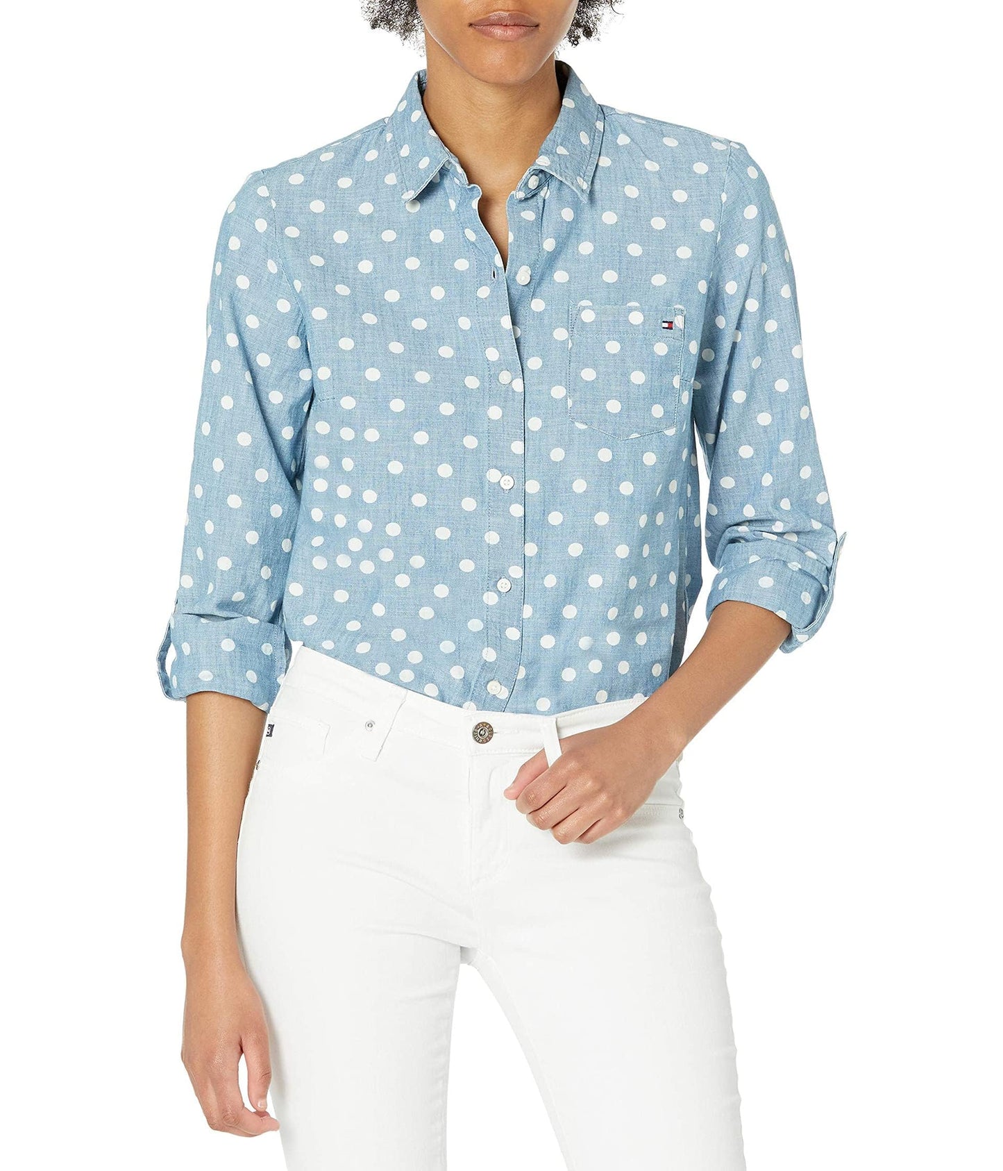 Tommy Hilfiger Women's Plaid Roll Tab Top Button Down Shirt