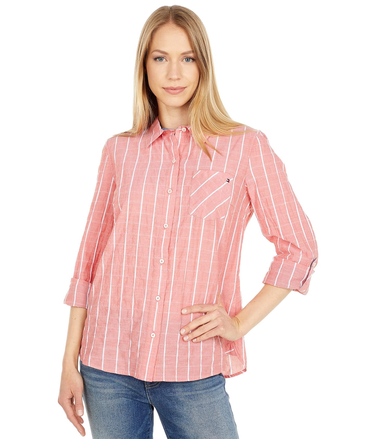 Tommy Hilfiger Women's Plaid Roll Tab Top Button Down Shirt