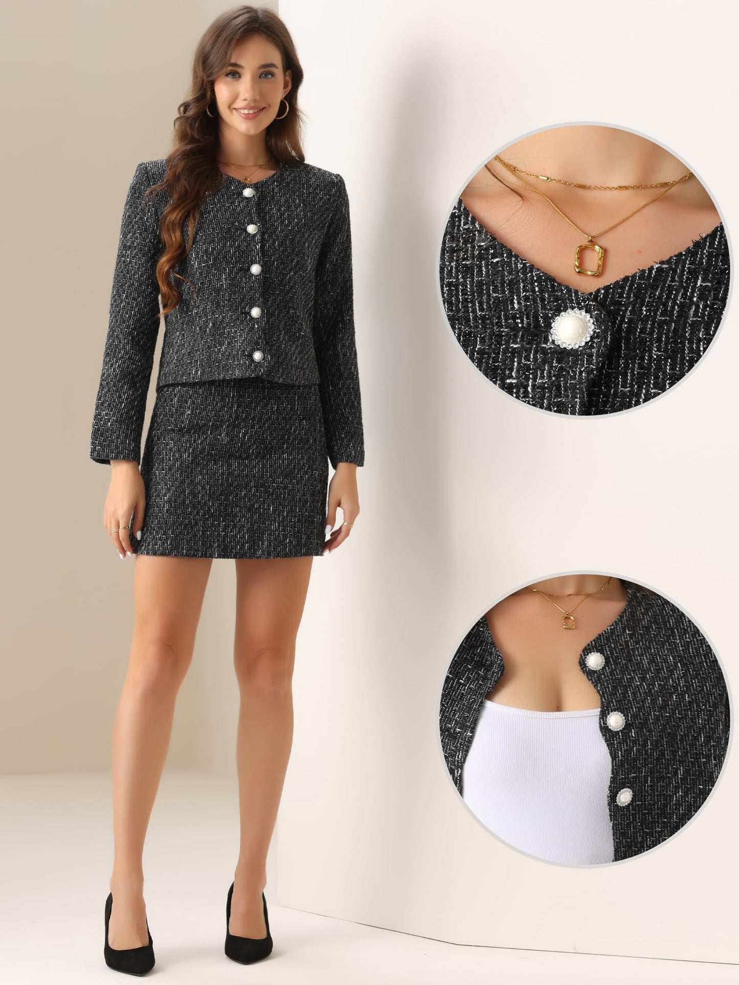 Allegra K Tweed Blazer Set for Women