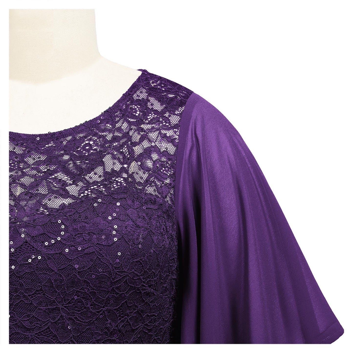 MISSMAY Women's Plus Size Elegant Butterfly Sleeve Chiffon Sequin Lace Bodice Evening Party Long Dress