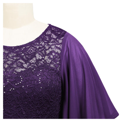 MISSMAY Women's Plus Size Elegant Butterfly Sleeve Chiffon Sequin Lace Bodice Evening Party Long Dress