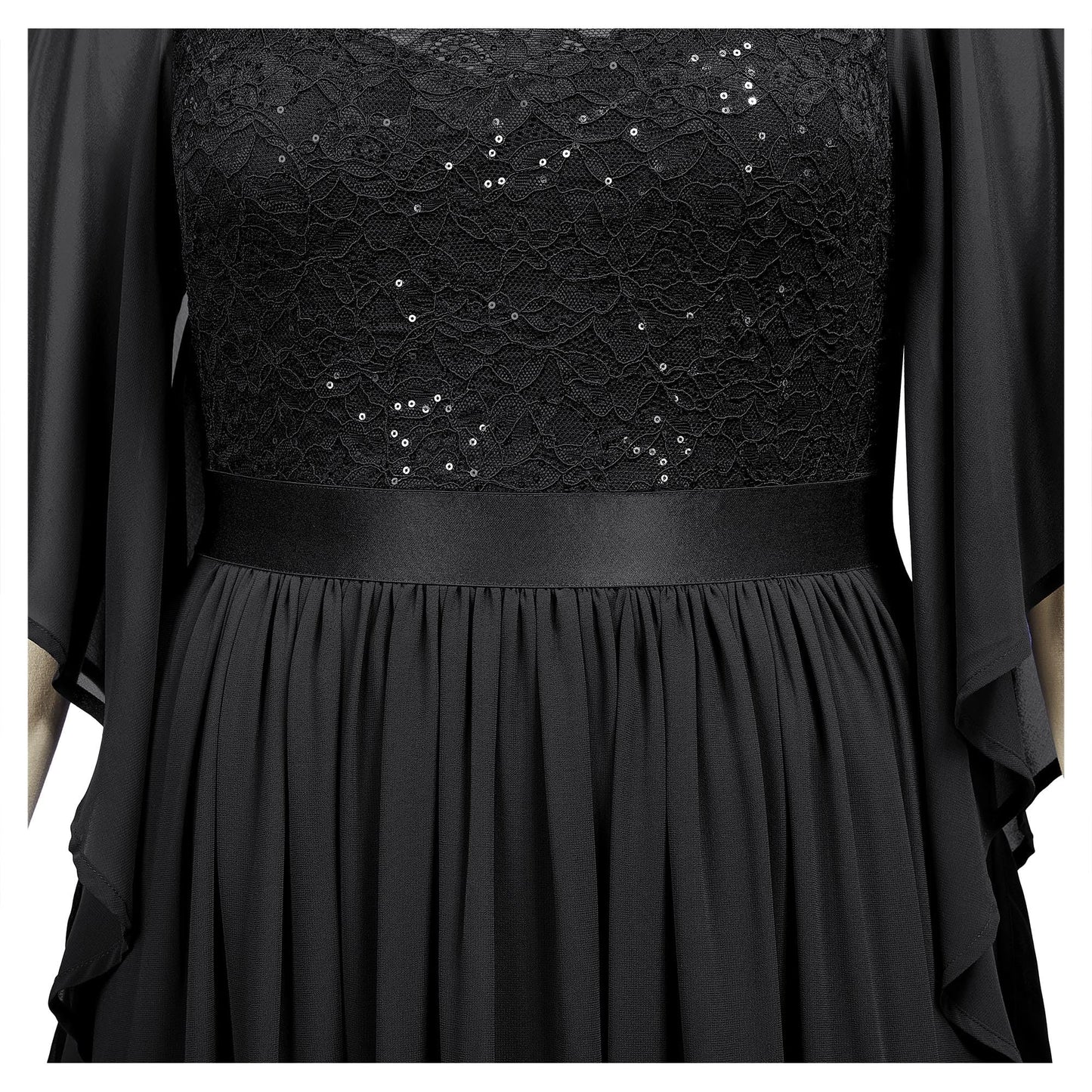MISSMAY Women's Plus Size Elegant Butterfly Sleeve Chiffon Sequin Lace Bodice Evening Party Long Dress