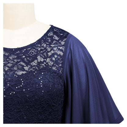 MISSMAY Women's Plus Size Elegant Butterfly Sleeve Chiffon Sequin Lace Bodice Evening Party Long Dress