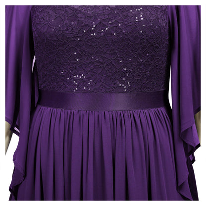 MISSMAY Women's Plus Size Elegant Butterfly Sleeve Chiffon Sequin Lace Bodice Evening Party Long Dress