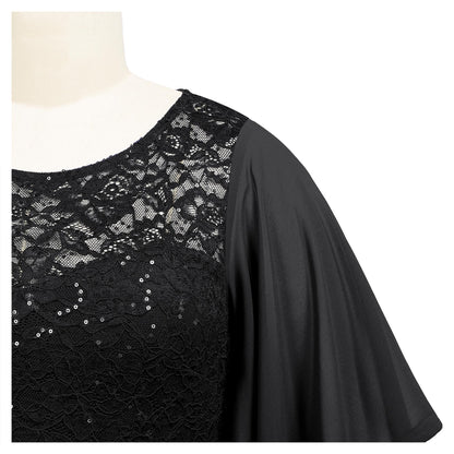 MISSMAY Women's Plus Size Elegant Butterfly Sleeve Chiffon Sequin Lace Bodice Evening Party Long Dress