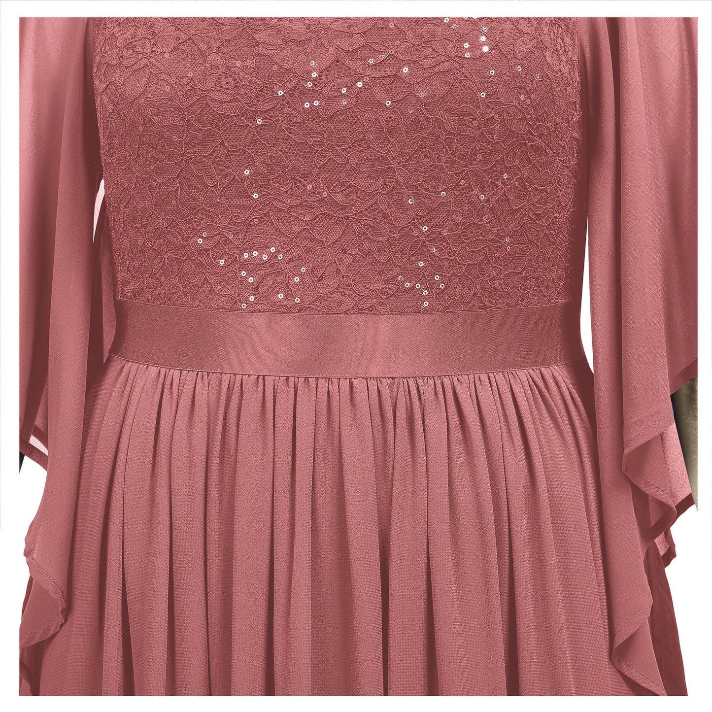 MISSMAY Women's Plus Size Elegant Butterfly Sleeve Chiffon Sequin Lace Bodice Evening Party Long Dress