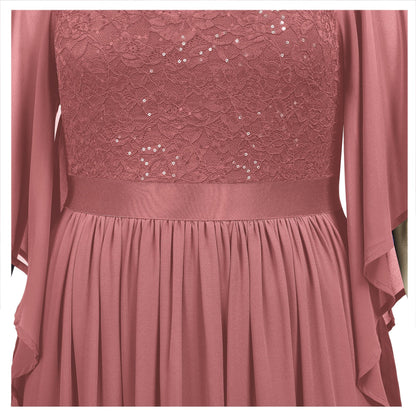MISSMAY Women's Plus Size Elegant Butterfly Sleeve Chiffon Sequin Lace Bodice Evening Party Long Dress