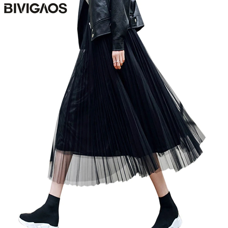 Tulle Skirt Pleated Skirt Black High Waist Midi