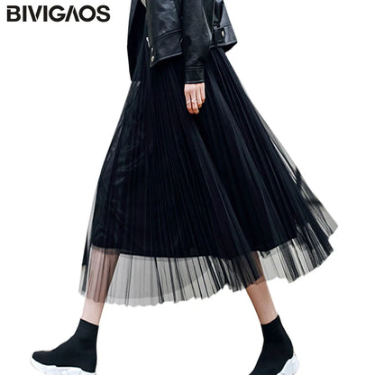 Tulle Skirt Pleated Skirt Black High Waist Midi