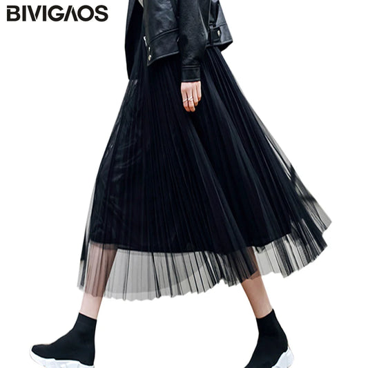 Tulle Skirt Pleated Skirt Black High Waist Midi