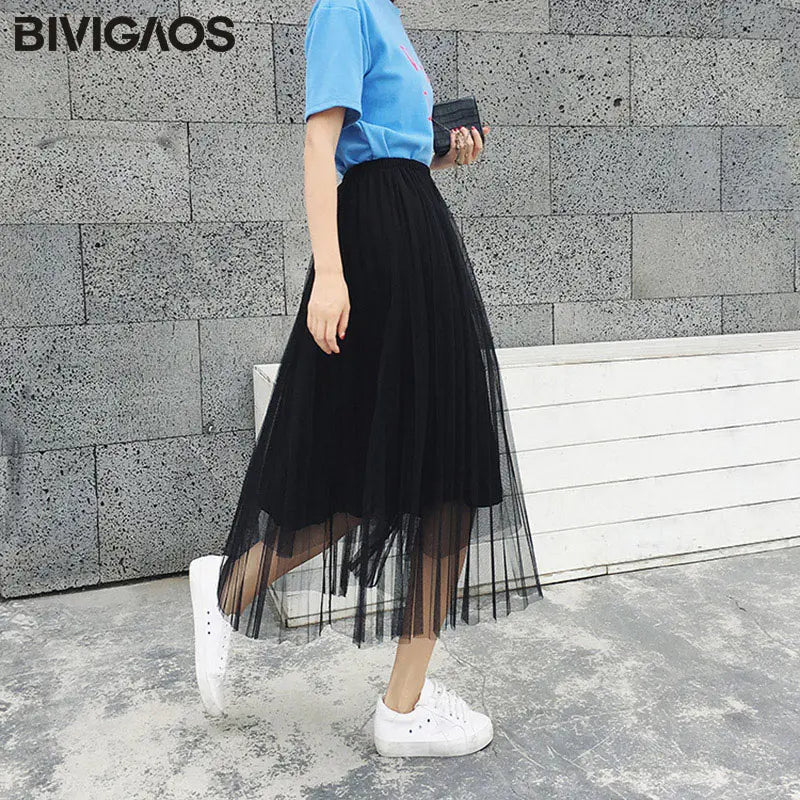 Tulle Skirt Pleated Skirt Black High Waist Midi