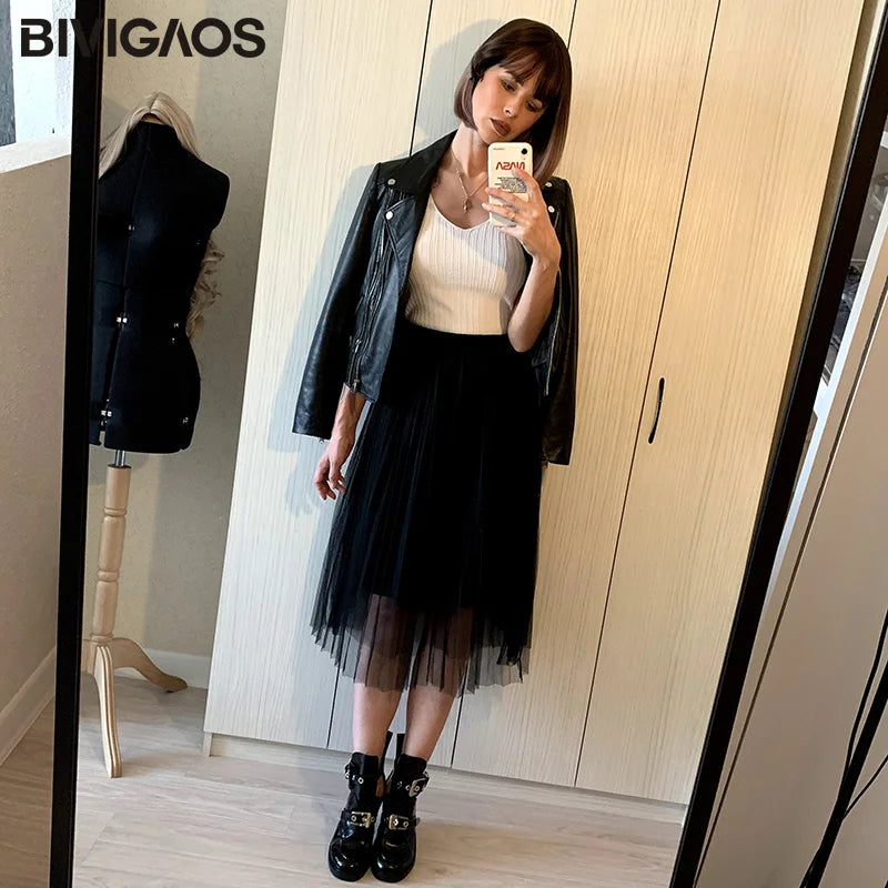 Tulle Skirt Pleated Skirt Black High Waist Midi