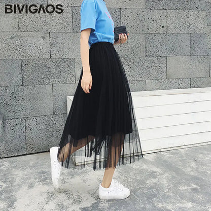Tulle Skirt Pleated Skirt Black High Waist Midi