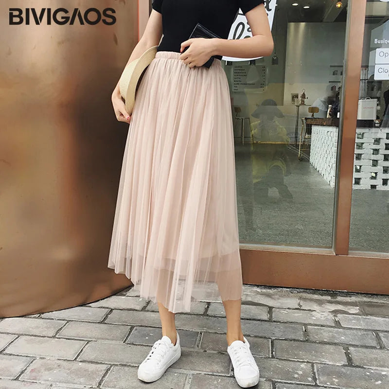 Tulle Skirt Pleated Skirt Black High Waist Midi