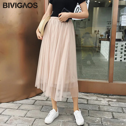 Tulle Skirt Pleated Skirt Black High Waist Midi