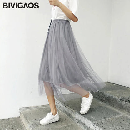 Tulle Skirt Pleated Skirt Black High Waist Midi
