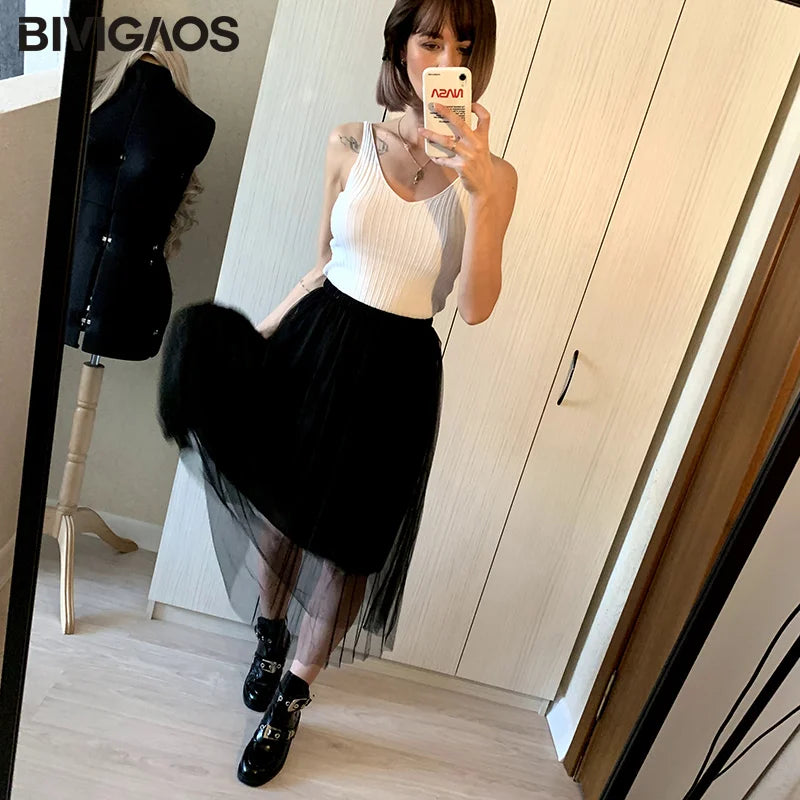 Tulle Skirt Pleated Skirt Black High Waist Midi