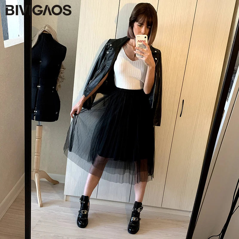 Tulle Skirt Pleated Skirt Black High Waist Midi