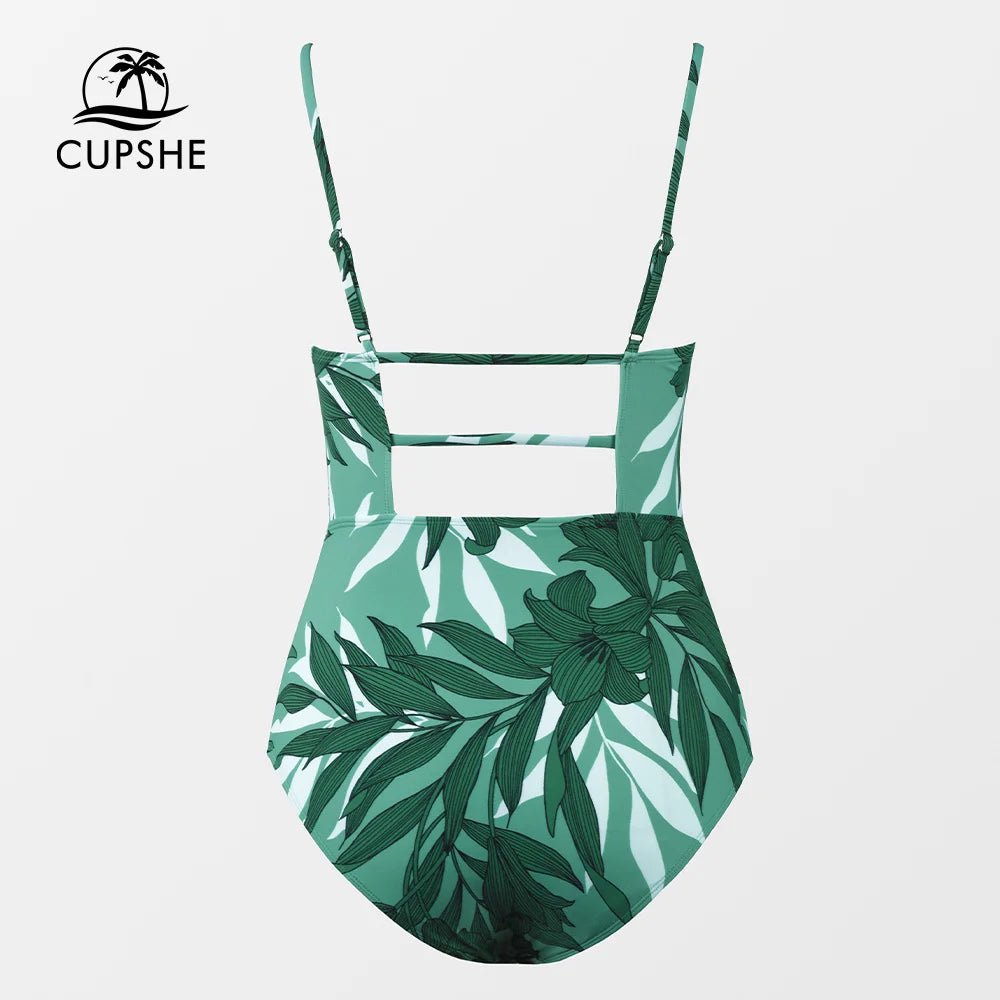 Leaf Print Square Neck One-Piece Swimsuit